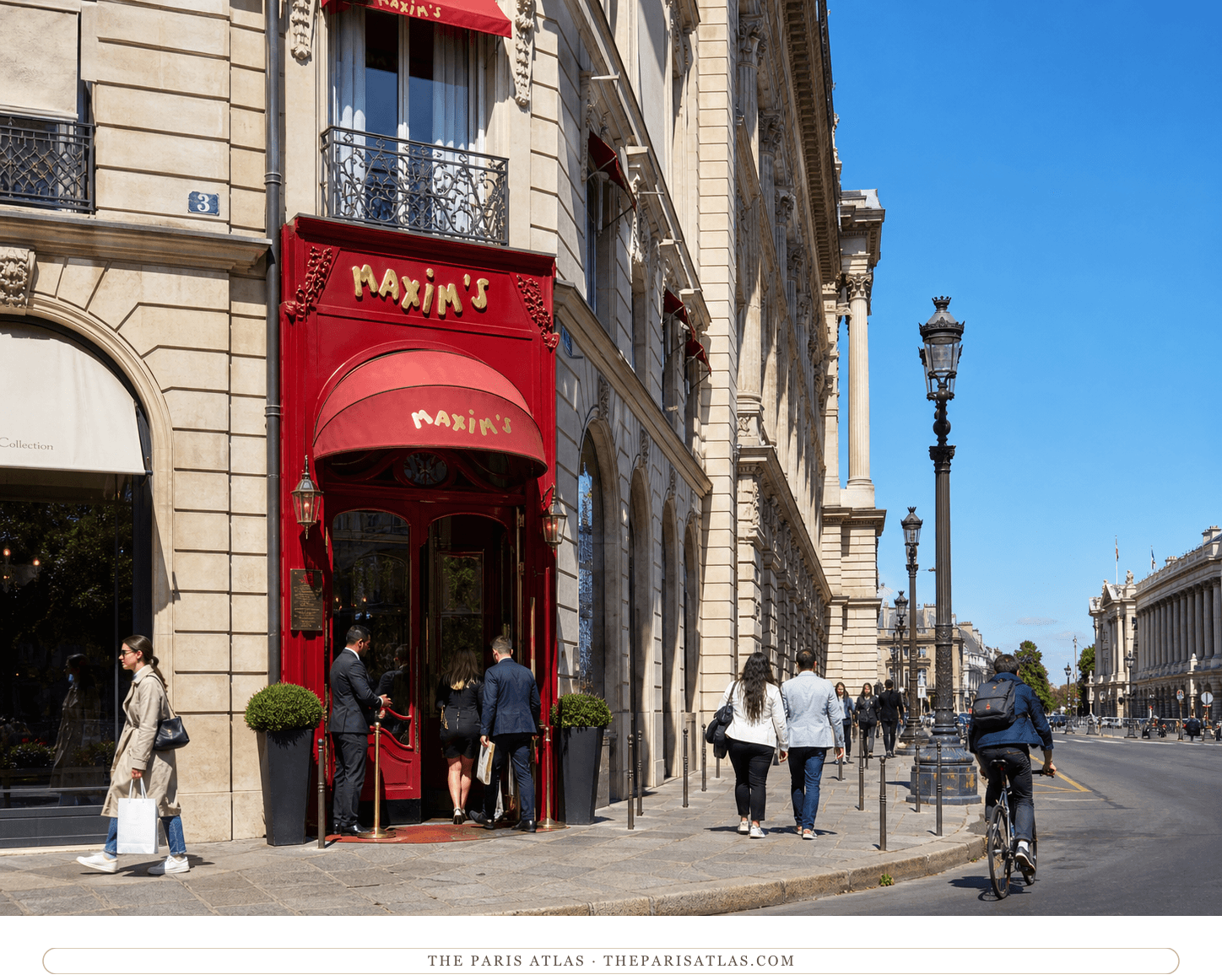 Bright present-day color view of Maxim's red entrance beneath a blue sky