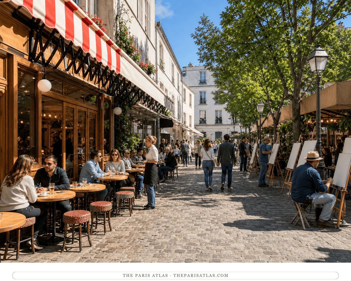 Present-day café tables, visitors and artists on the sunlit cobbles of the place du Tertre