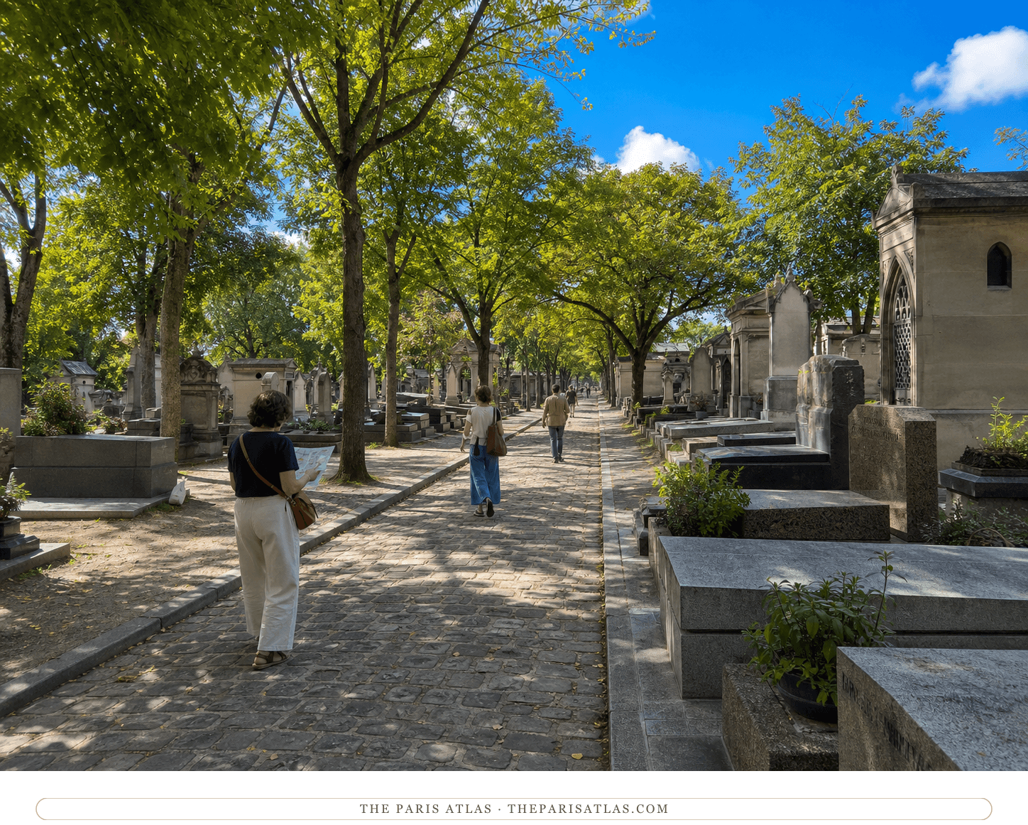 Present-day visitors walking beneath mature trees among the monuments of Montparnasse Cemetery