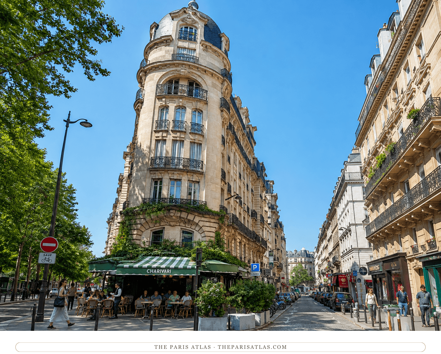 Colour drawing of the Montparnasse crossroads, café terraces under awnings and plane trees along the boulevard