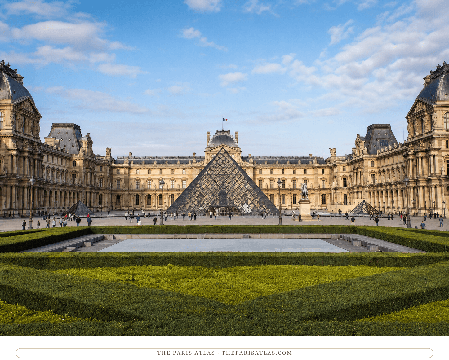 Color editorial illustration of the Louvre Pyramid centered among the palace façades under a blue sky