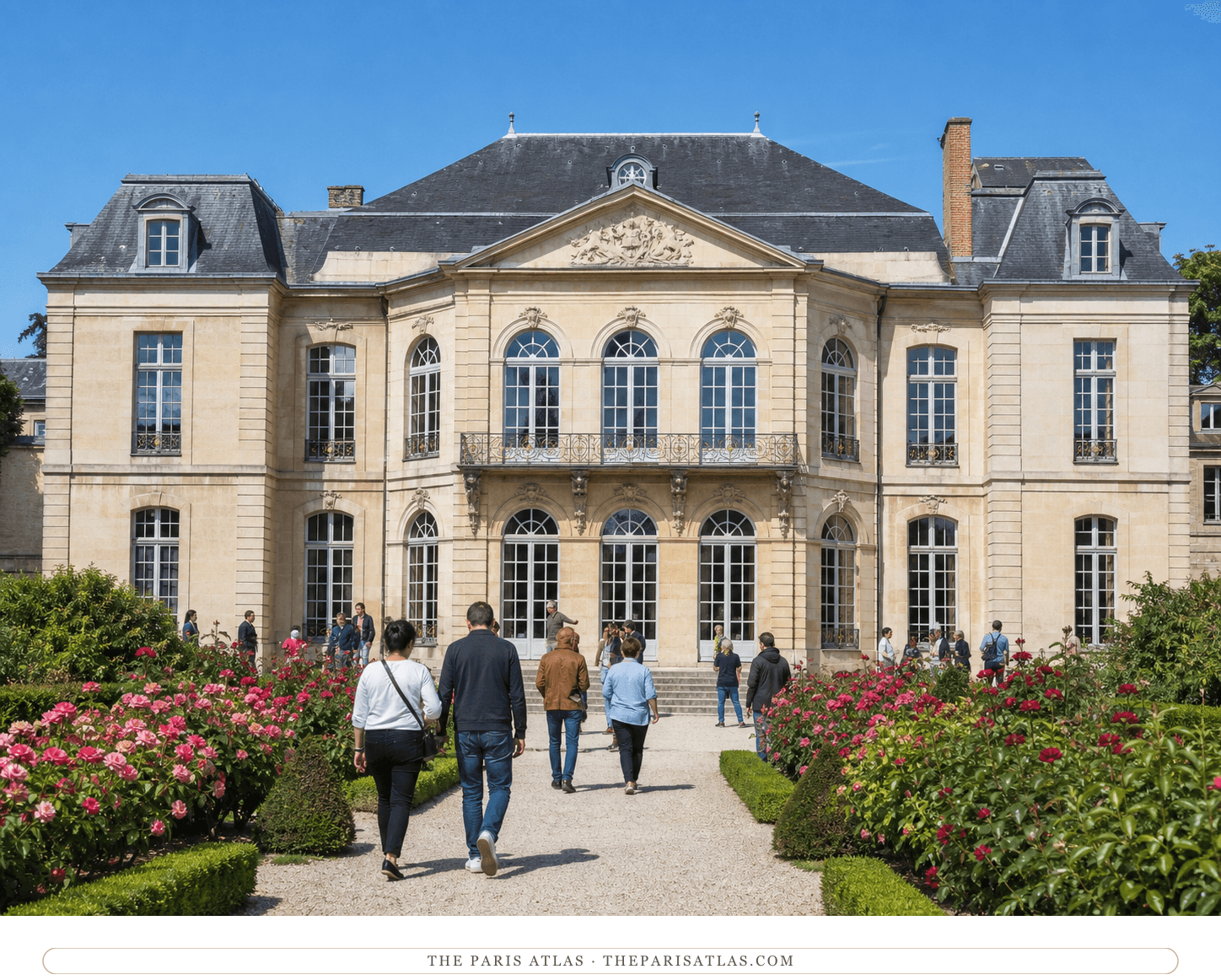 Present-day color view of visitors approaching the Musée Rodin through blooming rose beds