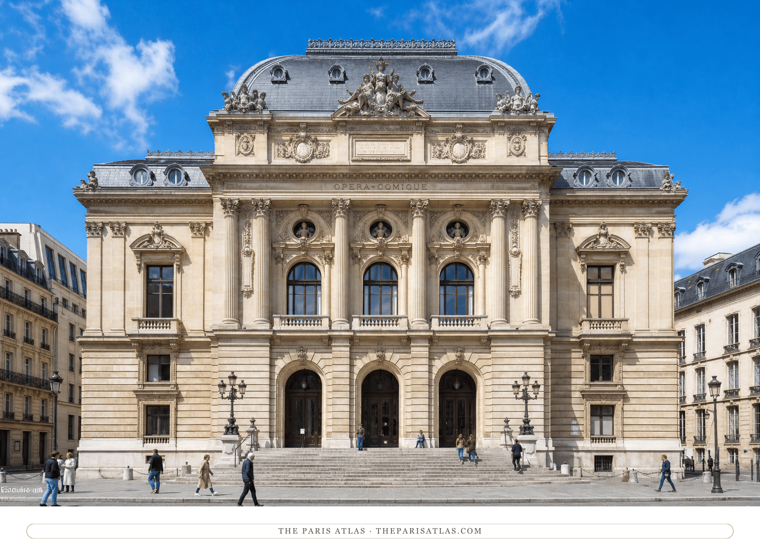 Colour photorealistic view of the Opera-Comique beneath a bright blue sky