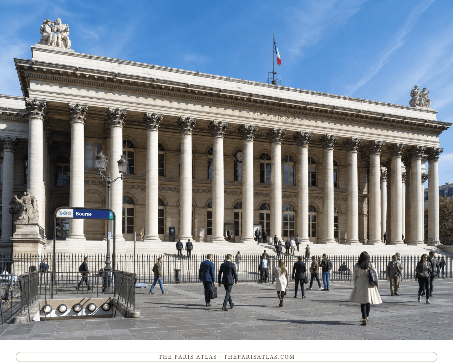 Bright present-day color view of the Palais Brongniart beneath a blue Paris sky