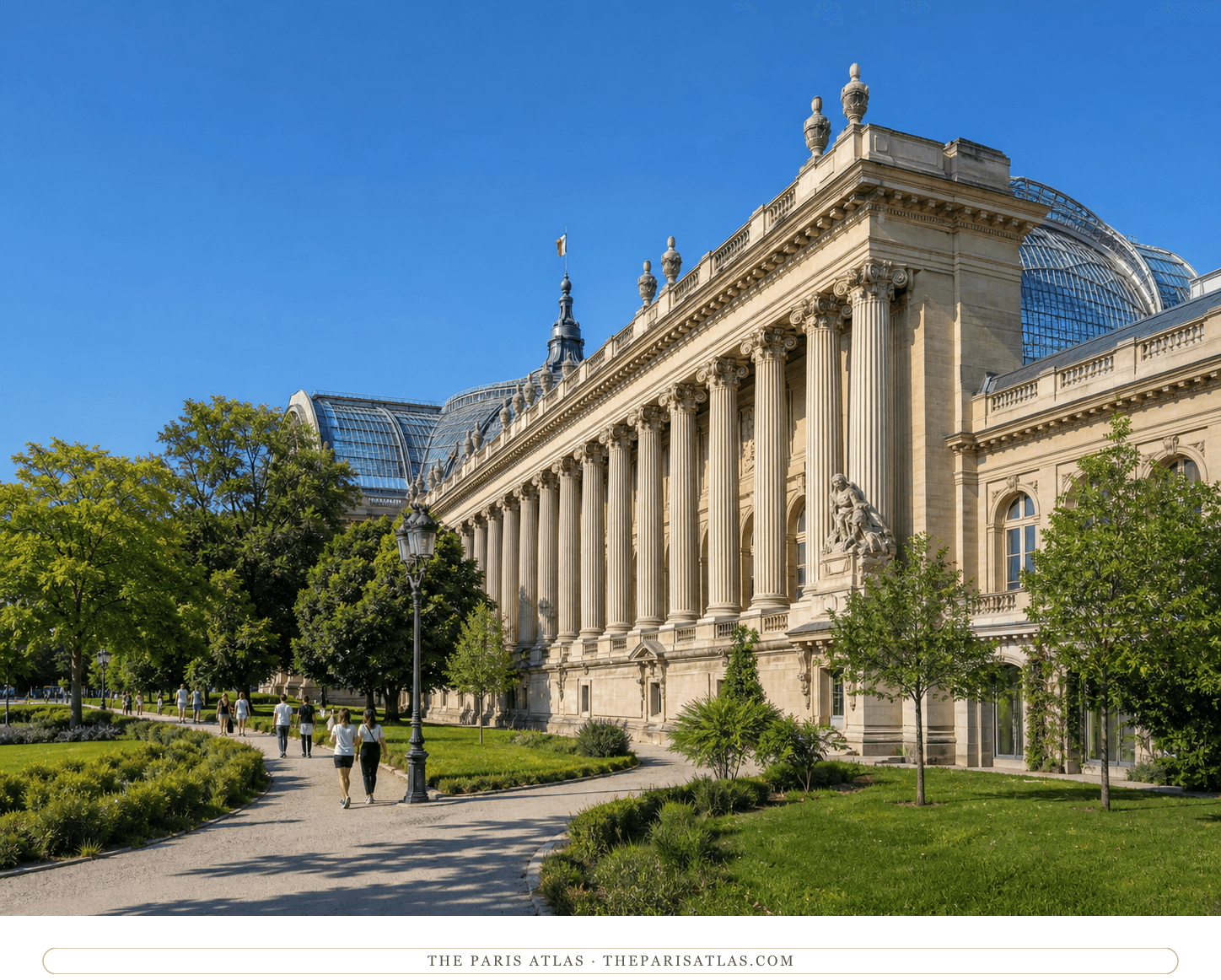 Colour photorealistic view of the Grand Palais beneath a bright blue sky