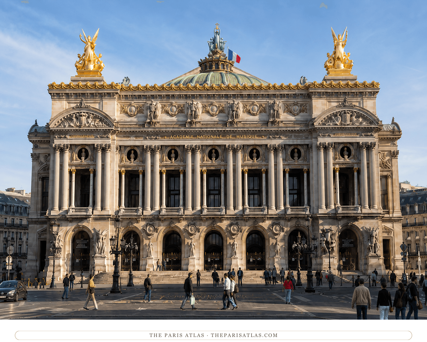 Present-day color view of the Palais Garnier façade in bright daylight with visitors on the place de l'Opéra