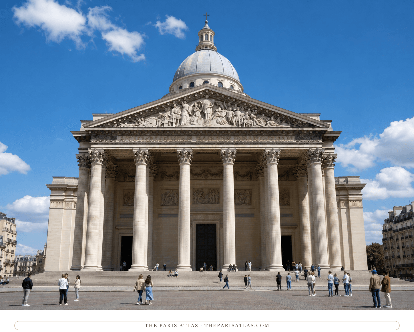 Present-day color view of the Panthéon façade beneath a bright blue sky with visitors on the square