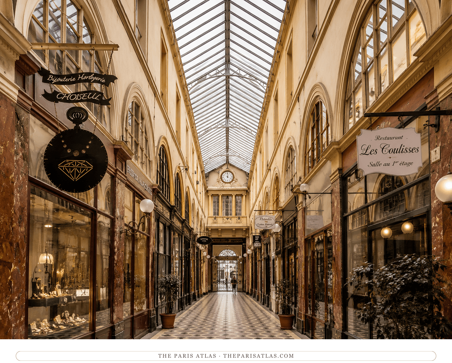 The Passage Choiseul in color — shopfronts and glass roof along the covered gallery