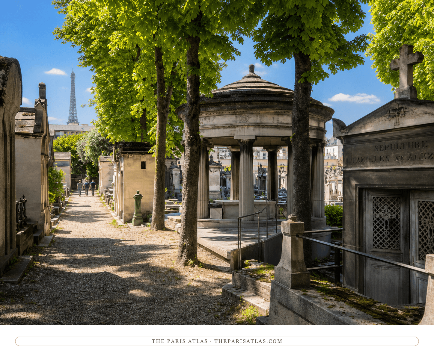 Colour photorealistic view of Passy Cemetery beneath a bright blue sky