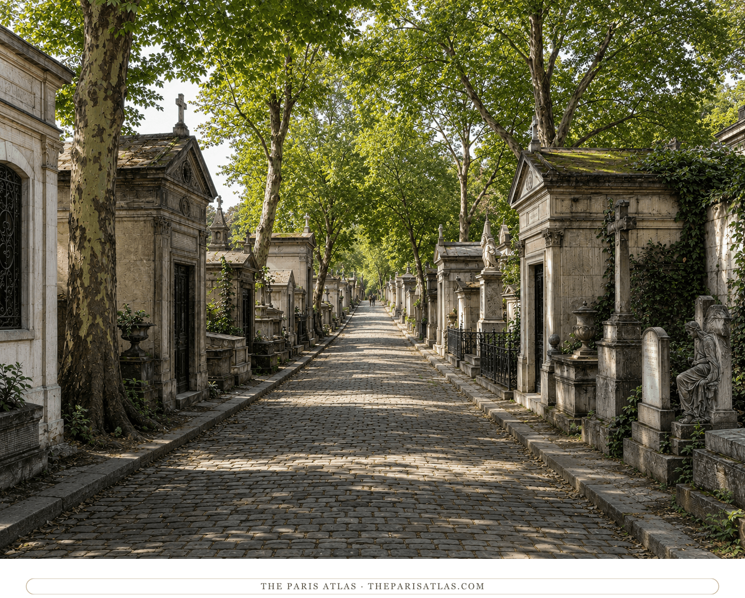 A tree-lined cobbled avenue at Père-Lachaise in summer light, moss-roofed chapel tombs and ivy on either side