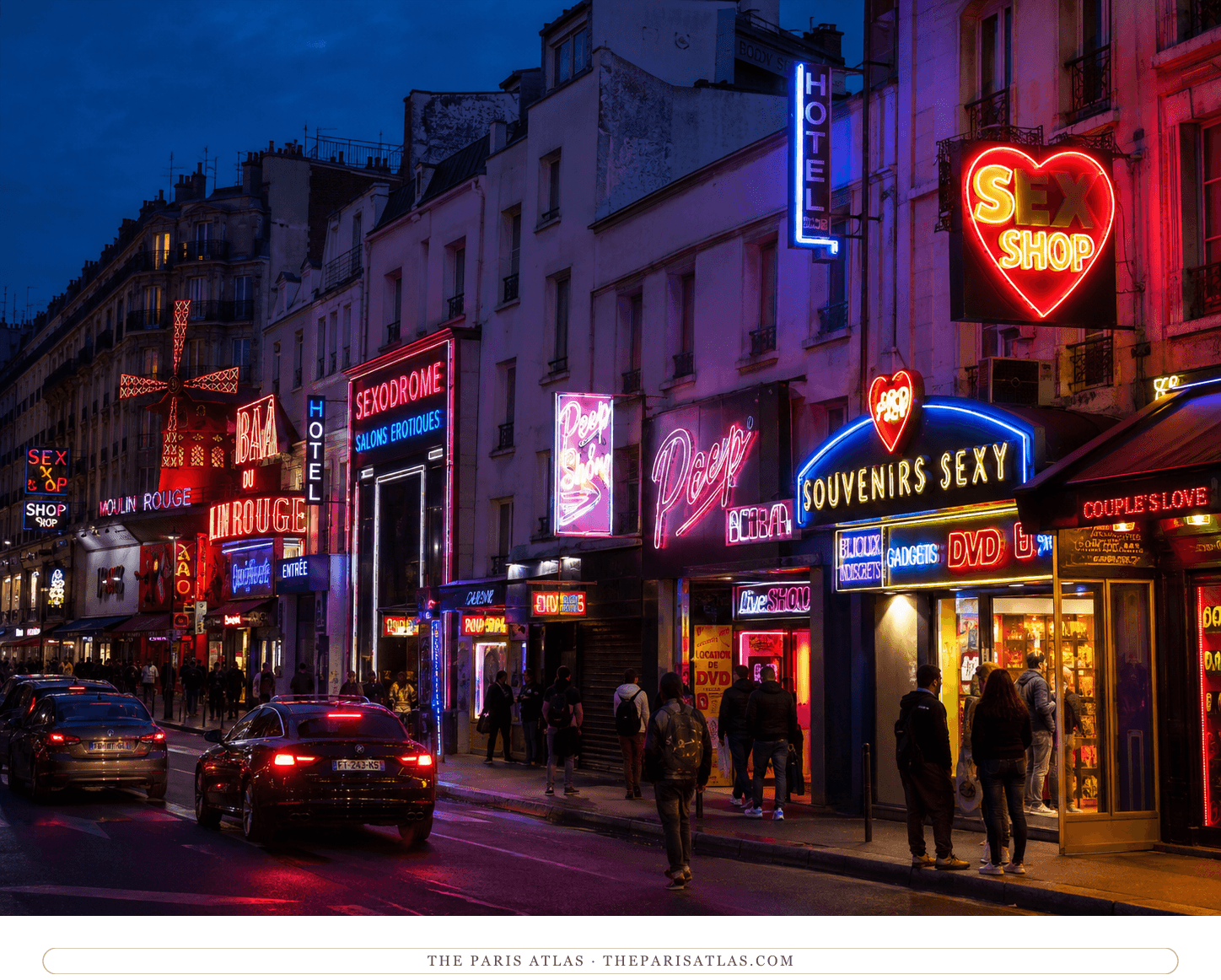 Colour drawing of the boulevard de Clichy at night, neon signs for sex shops and peep shows along the frontages with the Moulin Rouge windmill beyond
