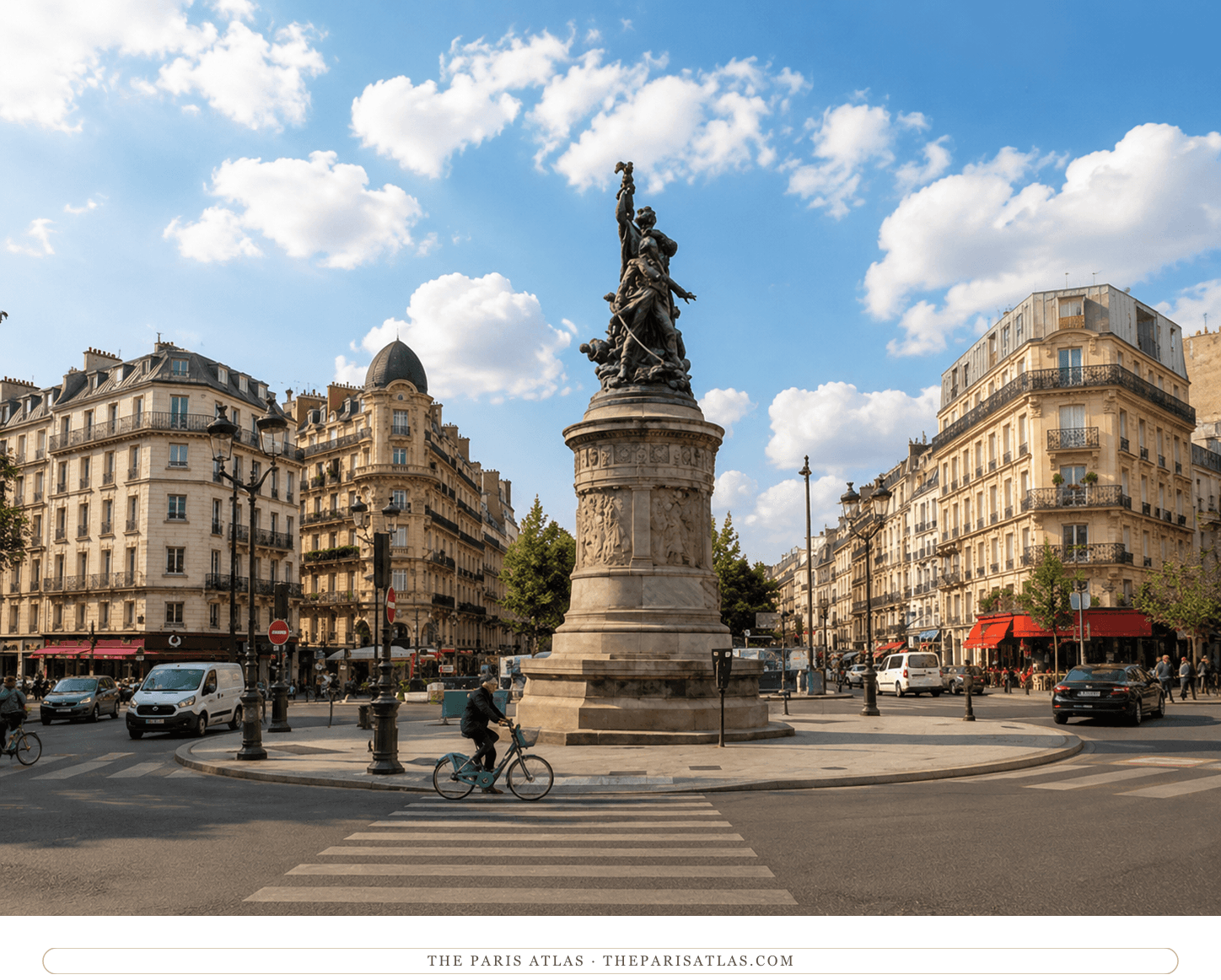 The Place de Clichy in color — the monument, the corners, the traffic circling
