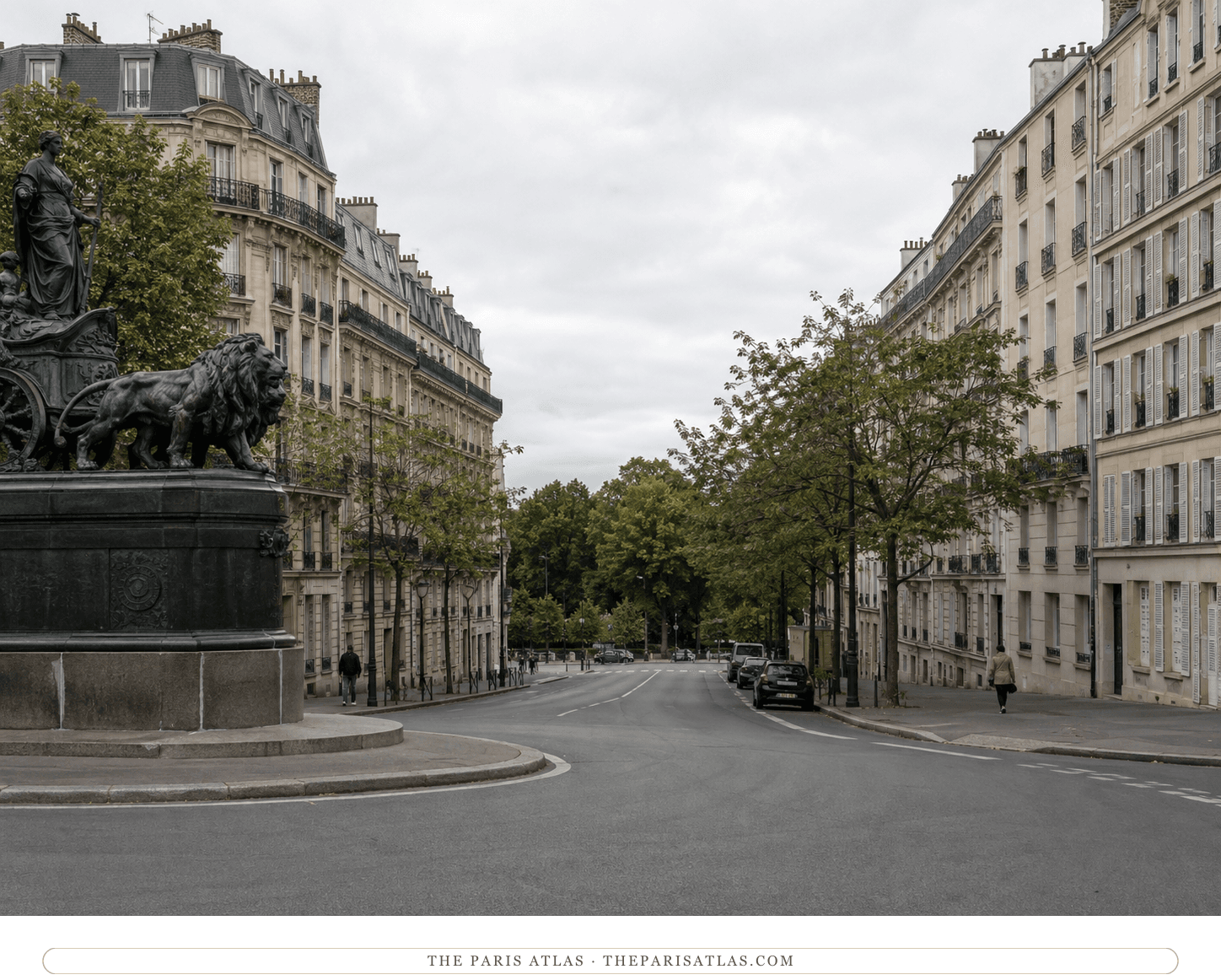 The same view in colour, pale stone facades and grey roofs under an overcast sky, the green-black bronze lions at the left edge