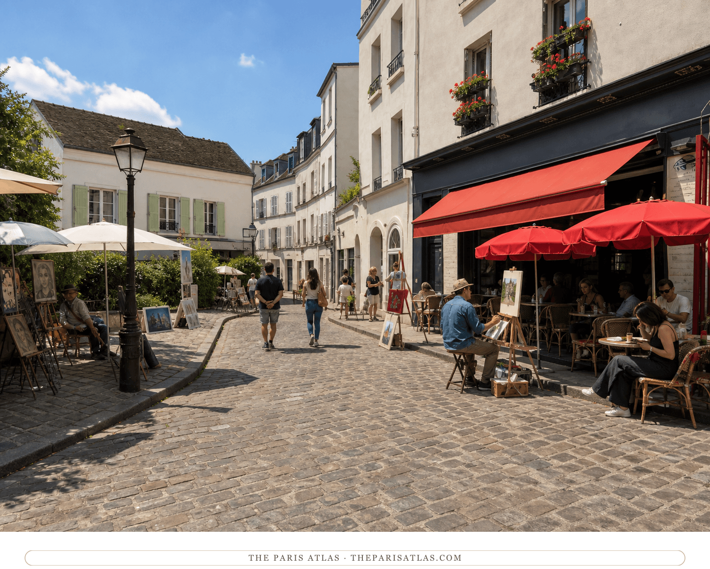 Color present-day view of Place du Tertre with artists, café terraces and low Montmartre façades under a blue sky