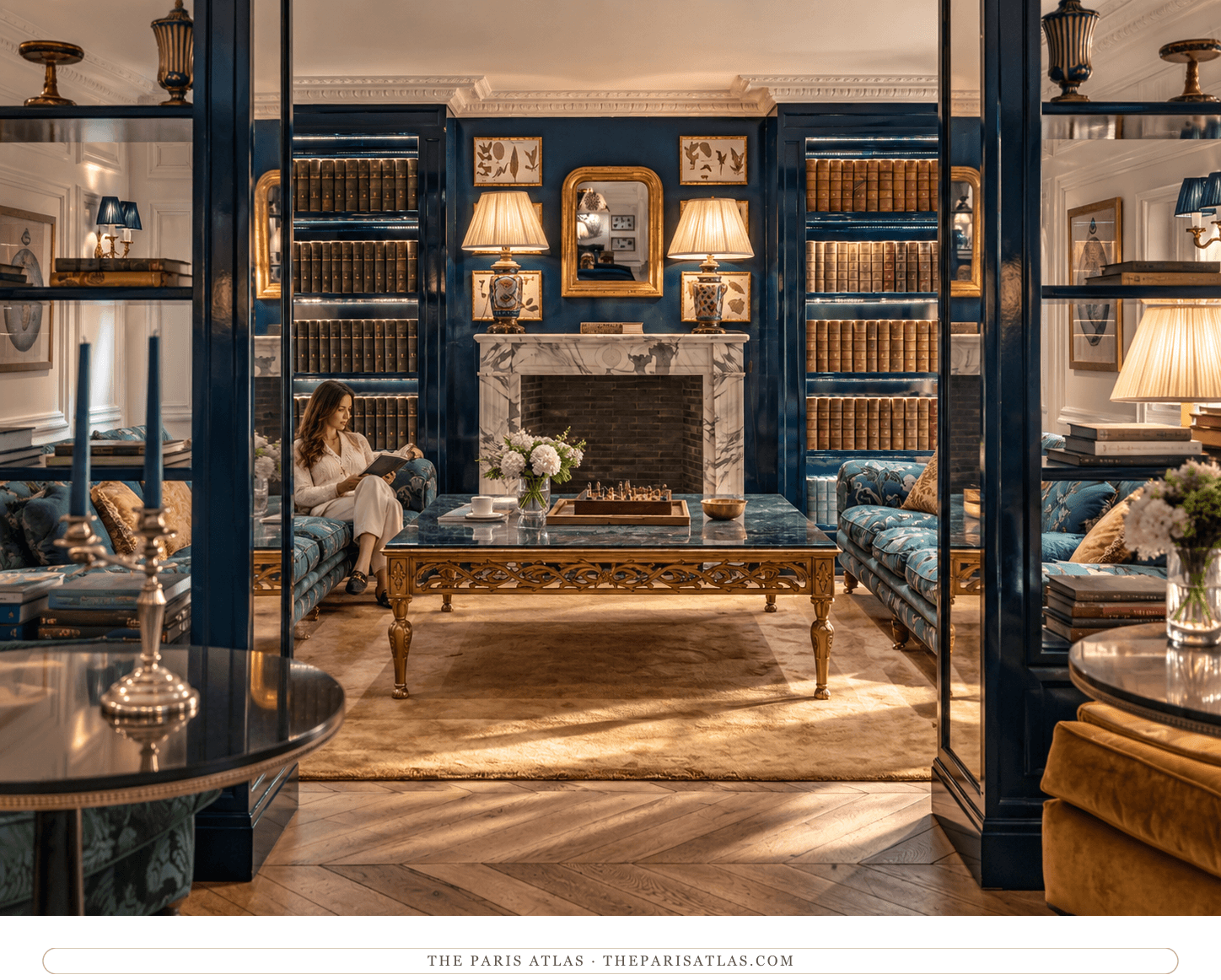 Reference-based illustration of the library lounge at Relais Christine.