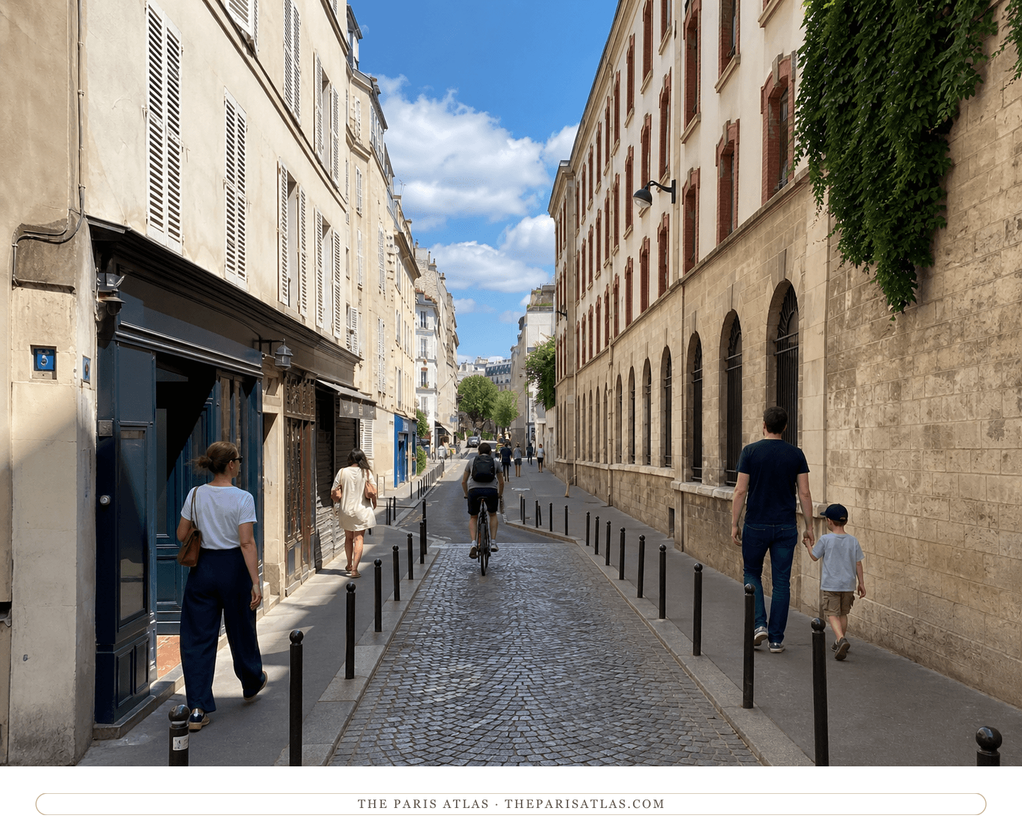Bright present-day view of residents and cyclists on Rue Broca