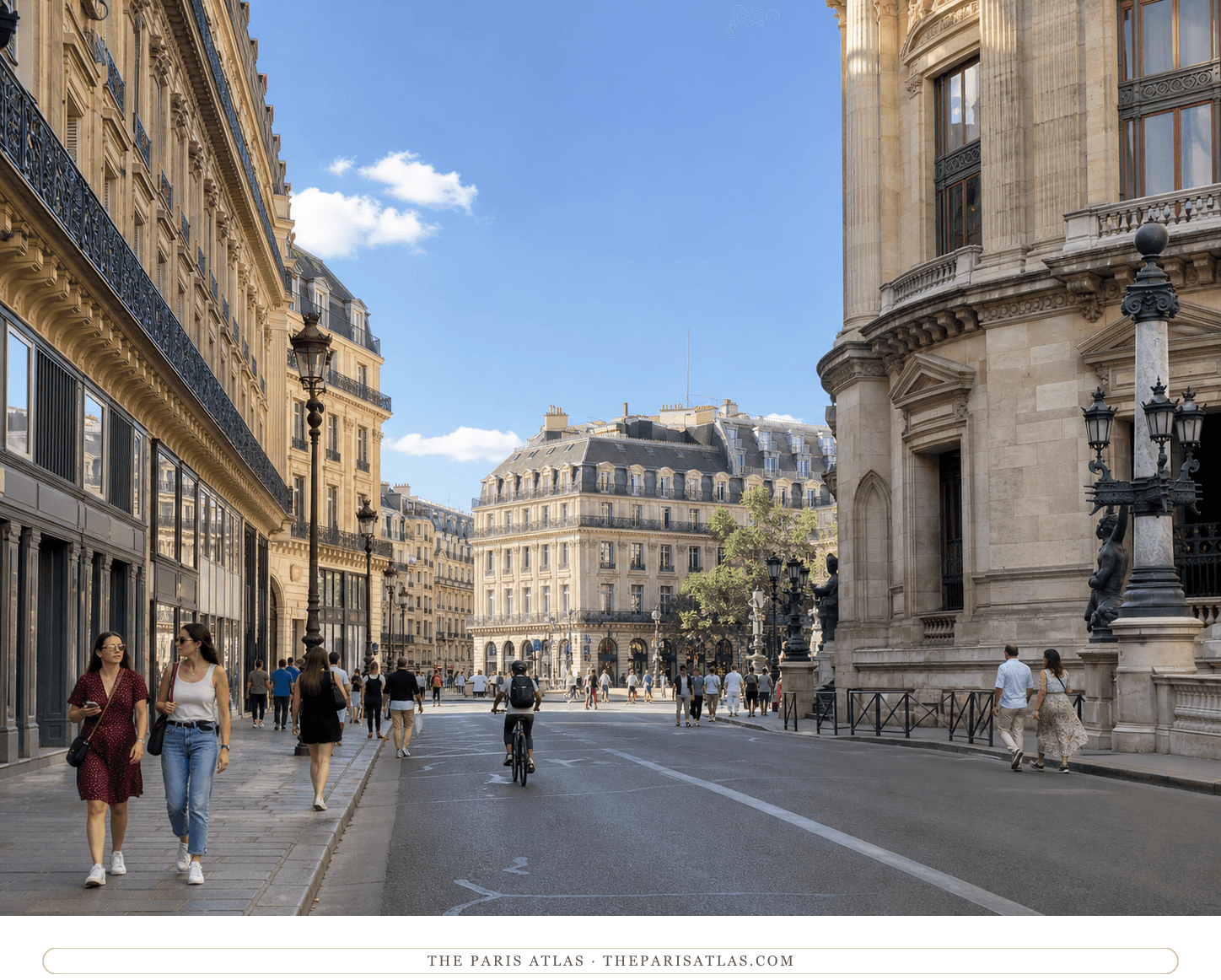 Bright present-day view of pedestrians on Rue Halévy beside the opera house