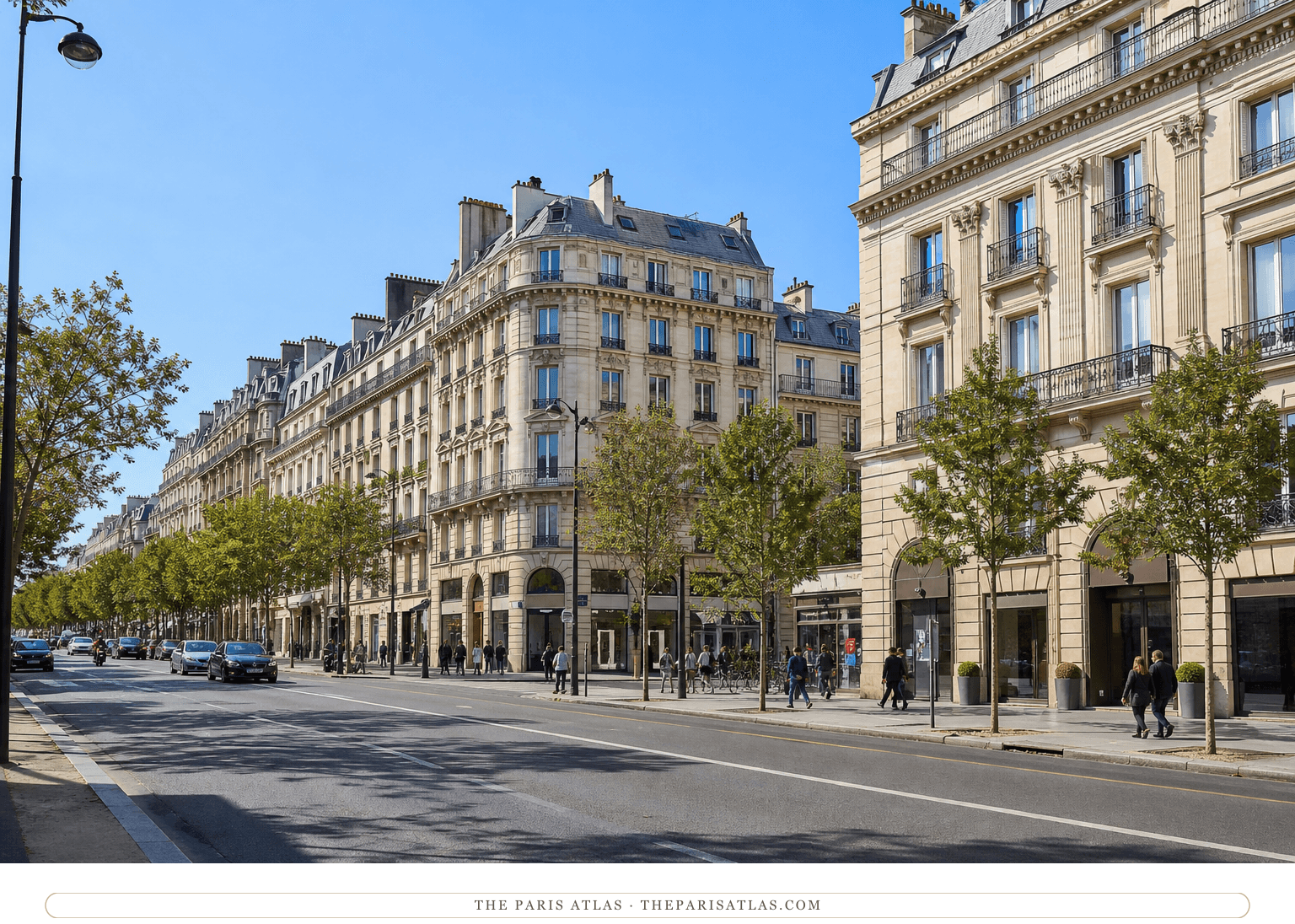 Bright colour photorealistic street view of rue Pierre-Charron beneath a blue sky