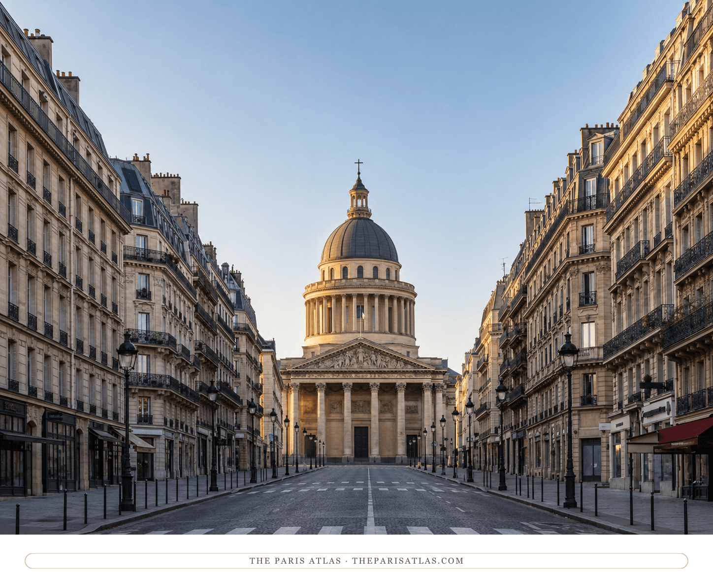 The rue Soufflot at first light, the Panthéon's dome and colonnade lit gold above the empty street