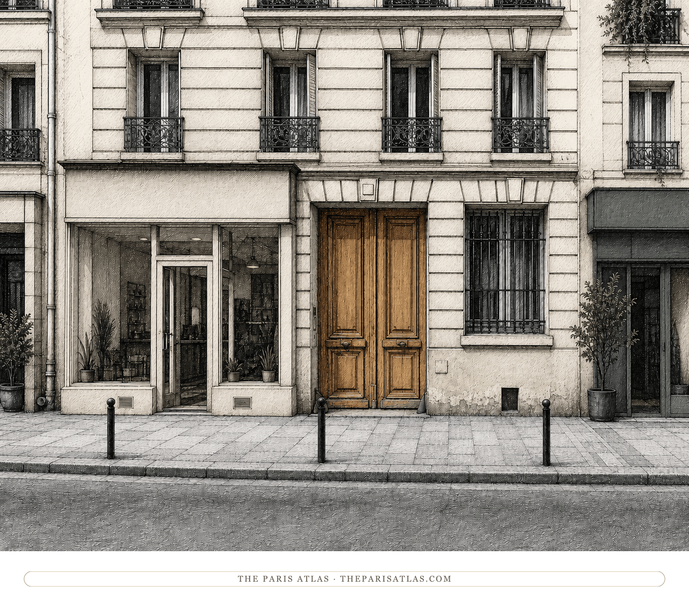 Colour illustration of the present-day streetscape at the approximate site of Salle Le Peletier