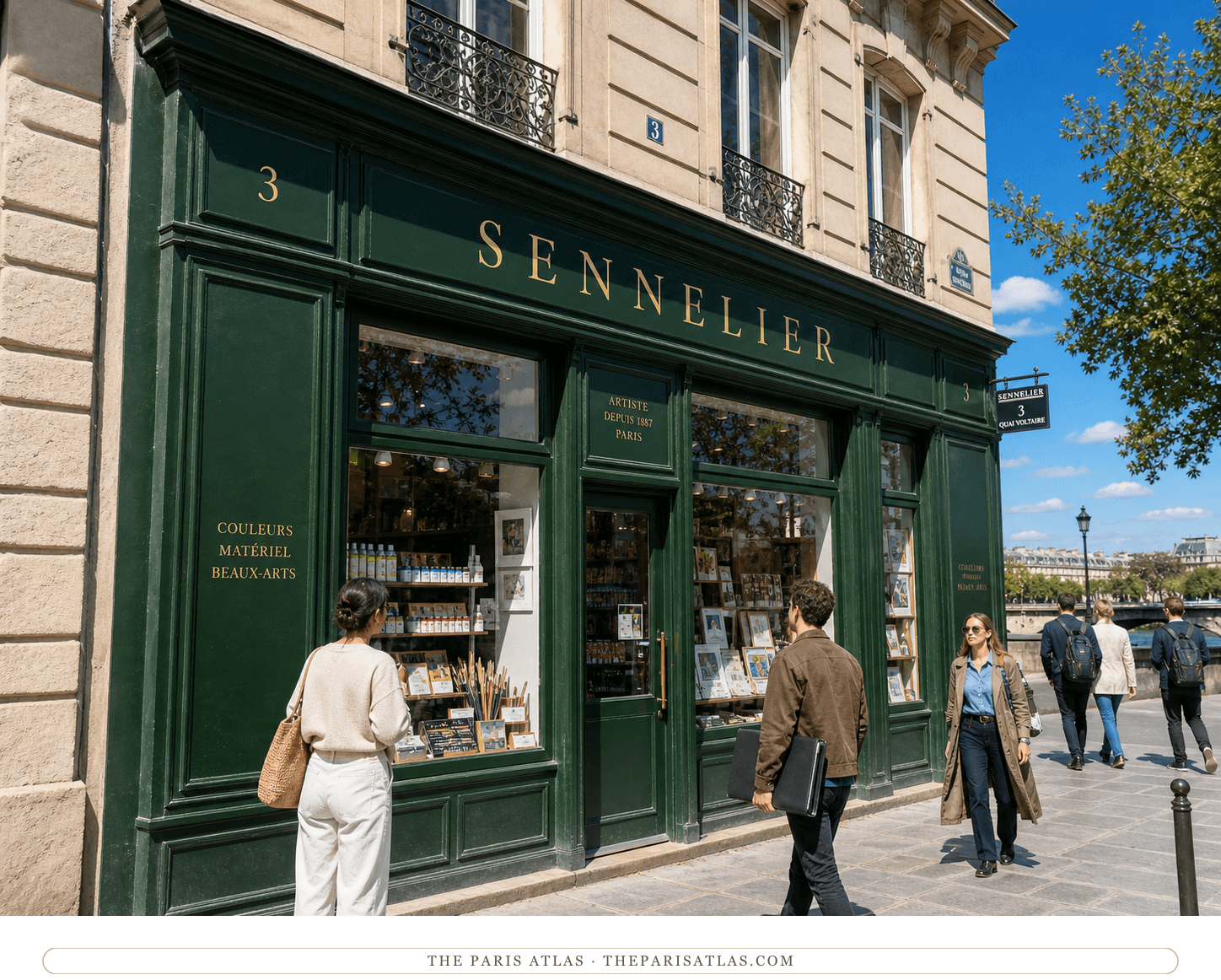 Bright color view of Sennelier's deep-green and gold storefront beside the Seine