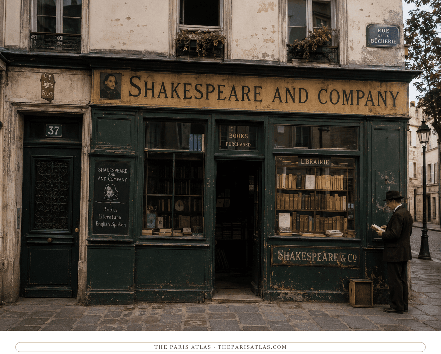The weathered green and gold Shakespeare and Company storefront today, a reader browsing at the window, the rue de la Bûcherie sign above