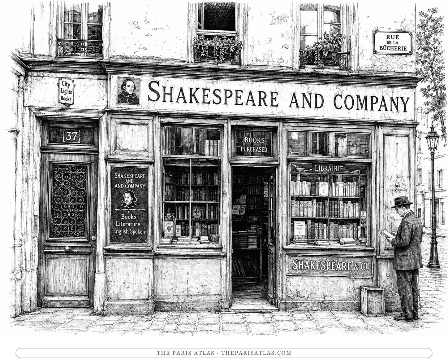 Pen-and-ink illustration of the green Shakespeare and Company shopfront at 37 rue de la Bûcherie, book-filled windows under the painted fascia