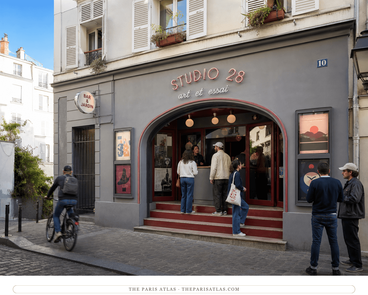 Bright present-day color view of Studio 28's gray façade, red steps and arriving patrons