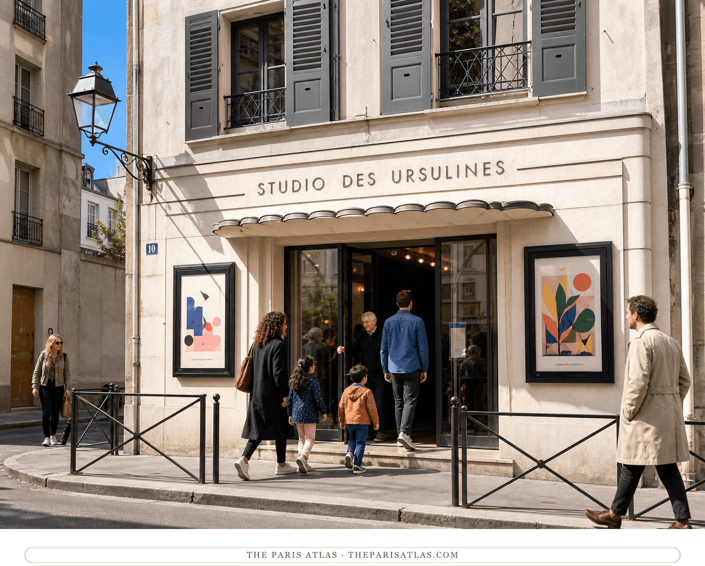 Bright present-day color view of families entering the pale Art Deco Studio des Ursulines