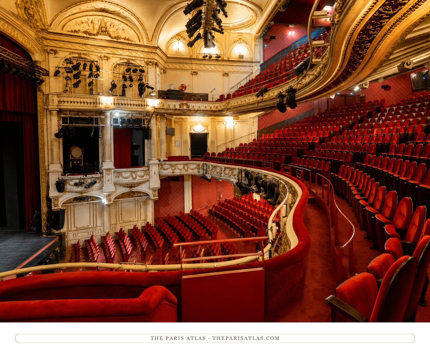 The Théâtre des Mathurins auditorium in colour, seats and gilded balconies toward the stage