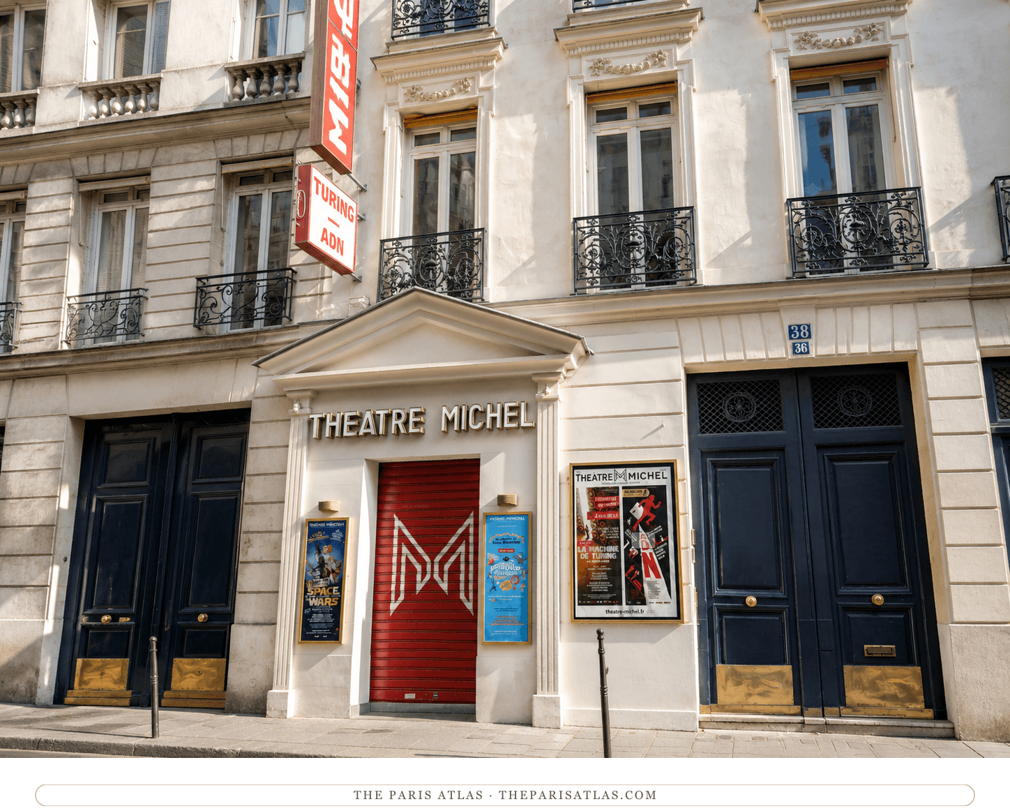 The Théâtre Michel entrance in colour on rue des Mathurins, with current playbills