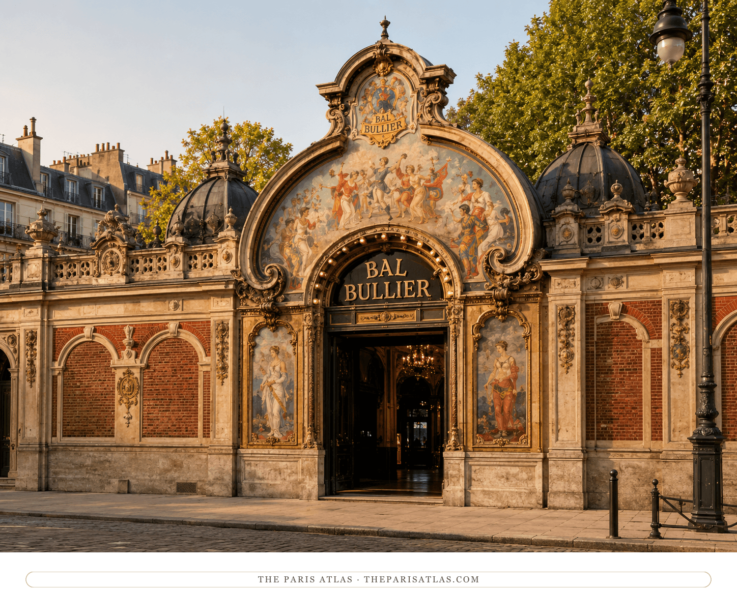 The Bal Bullier façade in golden evening light, painted allegorical panels between brick piers and gilded domes above the arch