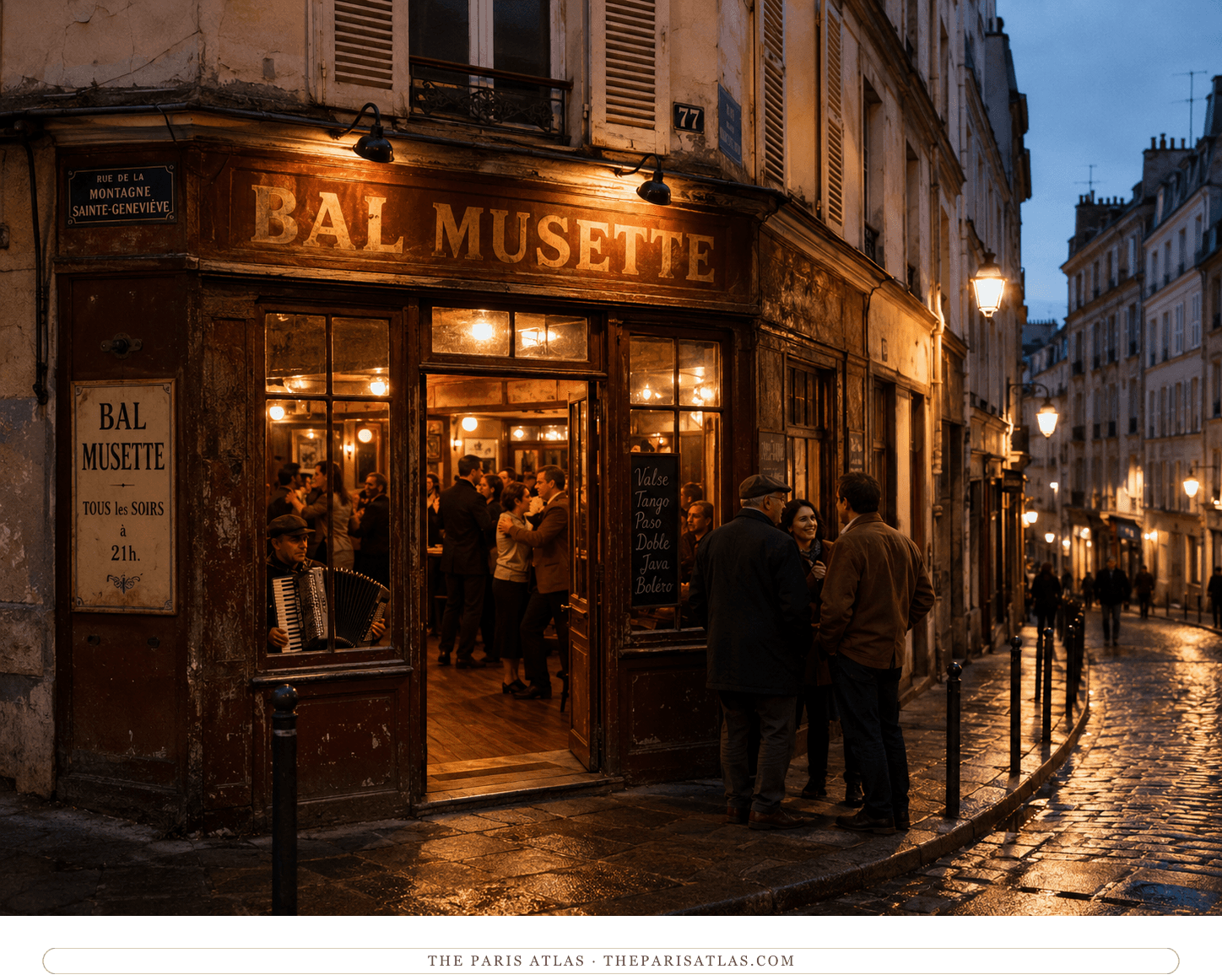 The bal musette by lamplight, an accordionist playing inside the open door while couples linger on the wet cobbles