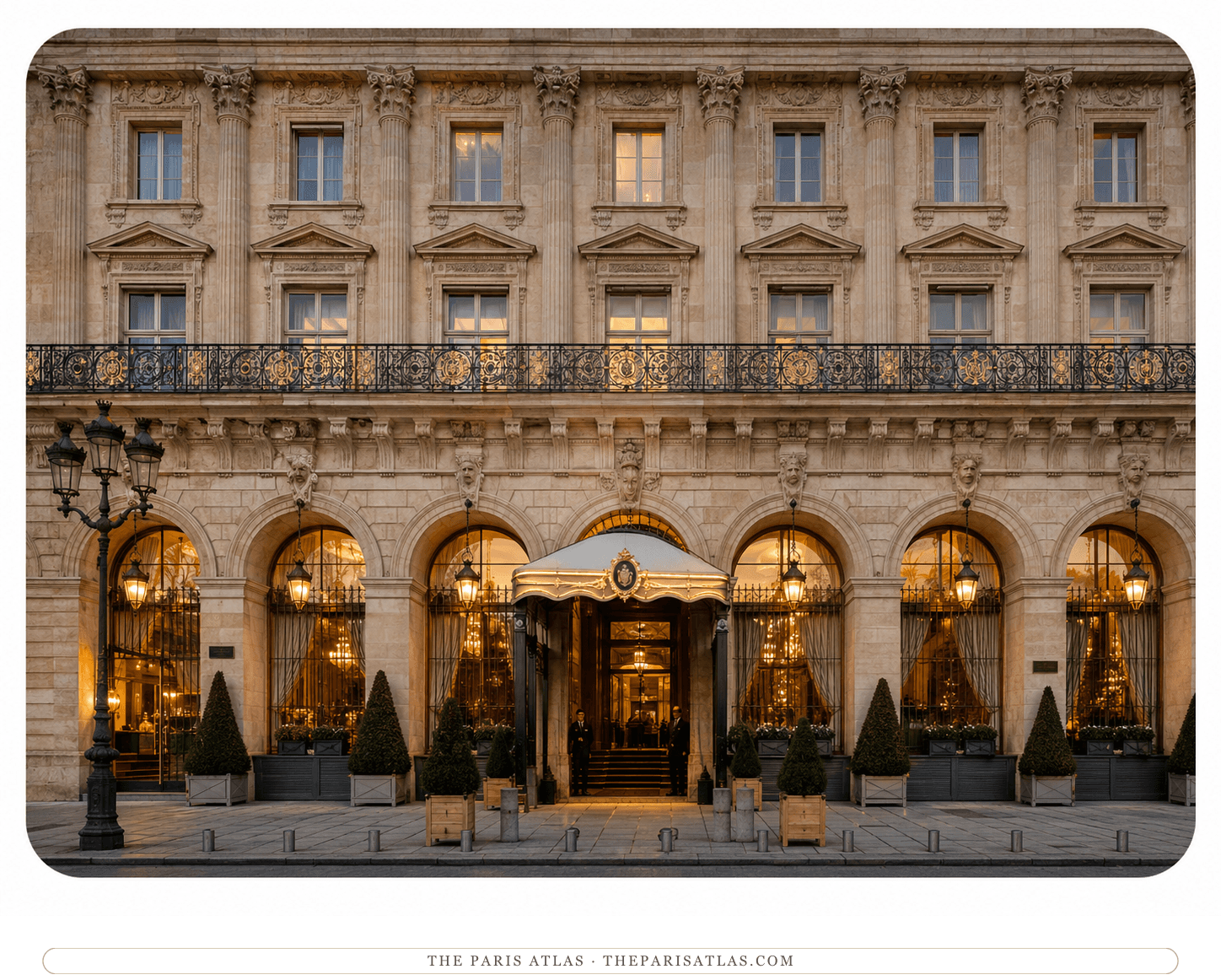 The Hôtel de Crillon at evening, its arched ground floor glowing gold beneath the balustraded stone front