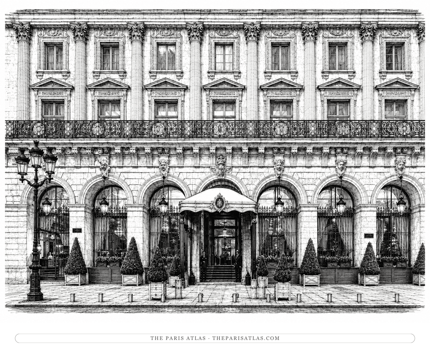 Pen-and-ink illustration of the Hôtel de Crillon's colonnaded stone façade, canopy over the entrance and topiary flanking the arches