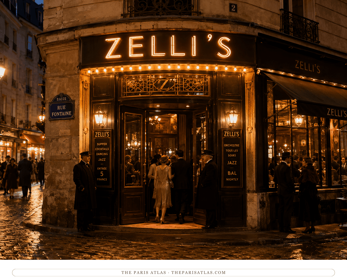 Zelli's at night in amber light, letters glowing over the door while guests arrive across the wet cobbles