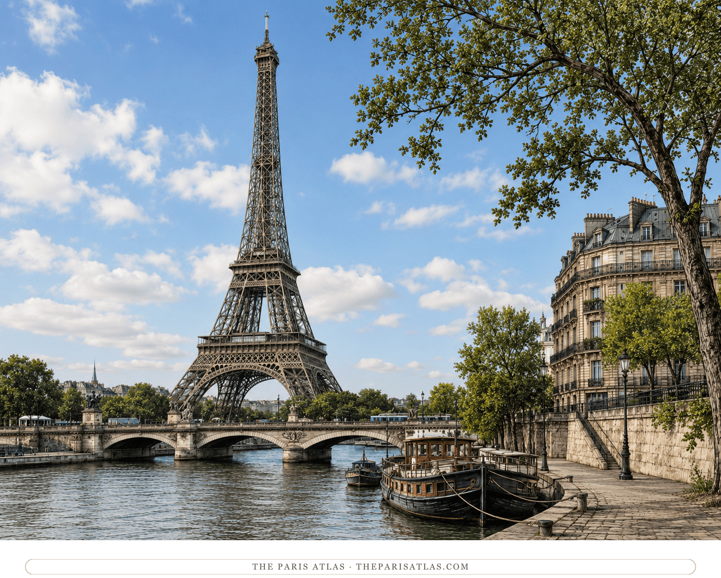 The Eiffel Tower across the Seine on a bright day, a laden barge and the bridge in the foreground
