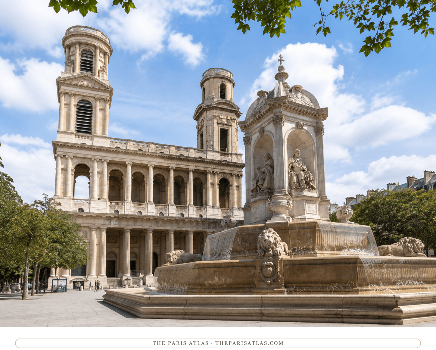 Place Saint-Sulpice in summer light, the fountain in the foreground and the church façade beyond the plane trees