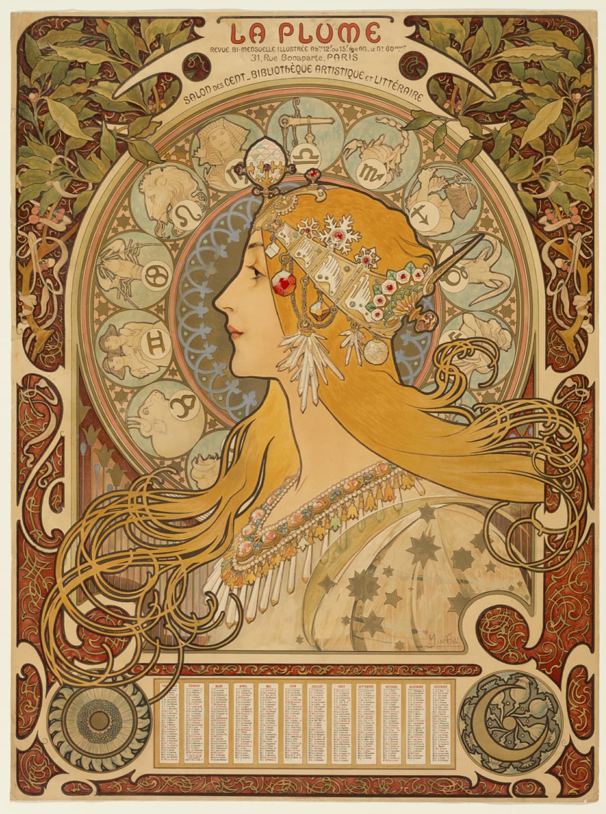 A colour lithograph of a young woman in profile facing left, her long red-gold hair coiling in loops across the whole lower half of the sheet. She wears an elaborate jewelled headdress of chains, discs and white flowers, and a heavy beaded collar. Behind her head is a circular arc divided into twelve compartments, each holding a zodiac figure. The border is dense red-brown foliage, and at the foot a printed calendar grid runs across twelve columns.