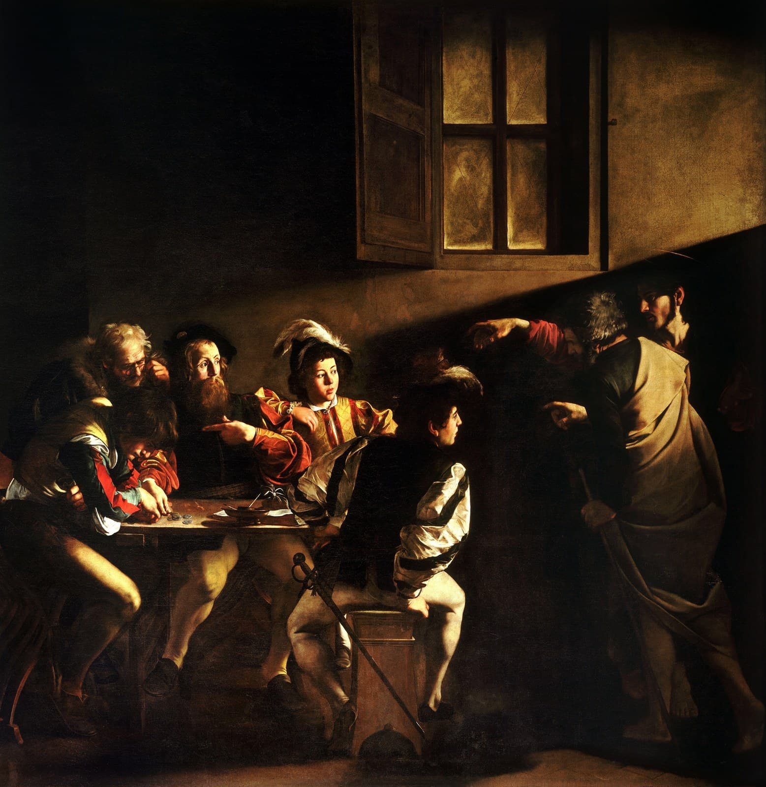 Caravaggio's The Calling of Saint Matthew: men in feathered hats counting coins at a table in a dark room, a shaft of light falling across the back wall, Christ at the right pointing toward them