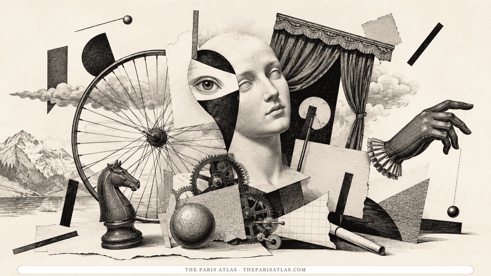 Pen-and-ink Dada collage with a mannequin head, bicycle wheel, chess knight, gears, torn paper, stage curtains, and a suspended gloved hand