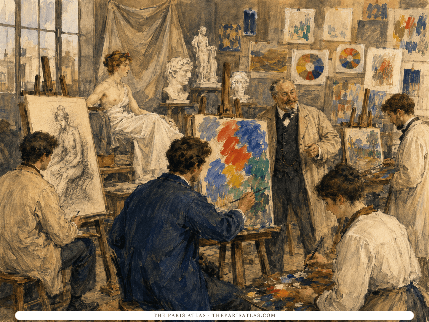 Young painters work among plaster casts and easels in a Paris studio as a charcoal study gives way to a canvas of bright, separate color patches