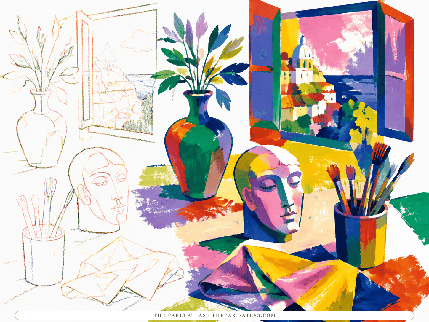 A vase, plaster head, folded cloth, brushes, and an open window shift from pale outlines into broad planes of green, violet, pink, yellow, and blue