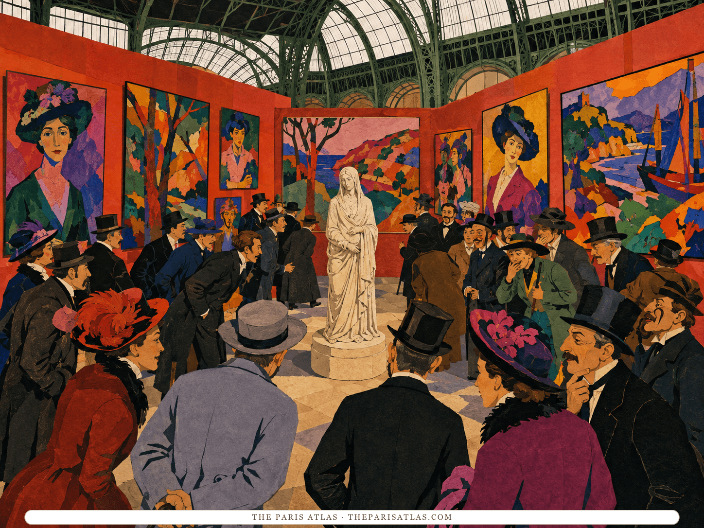 Visitors in 1905 dress crowd around a pale draped sculpture in the Grand Palais while invented portraits and landscapes blaze across red gallery walls