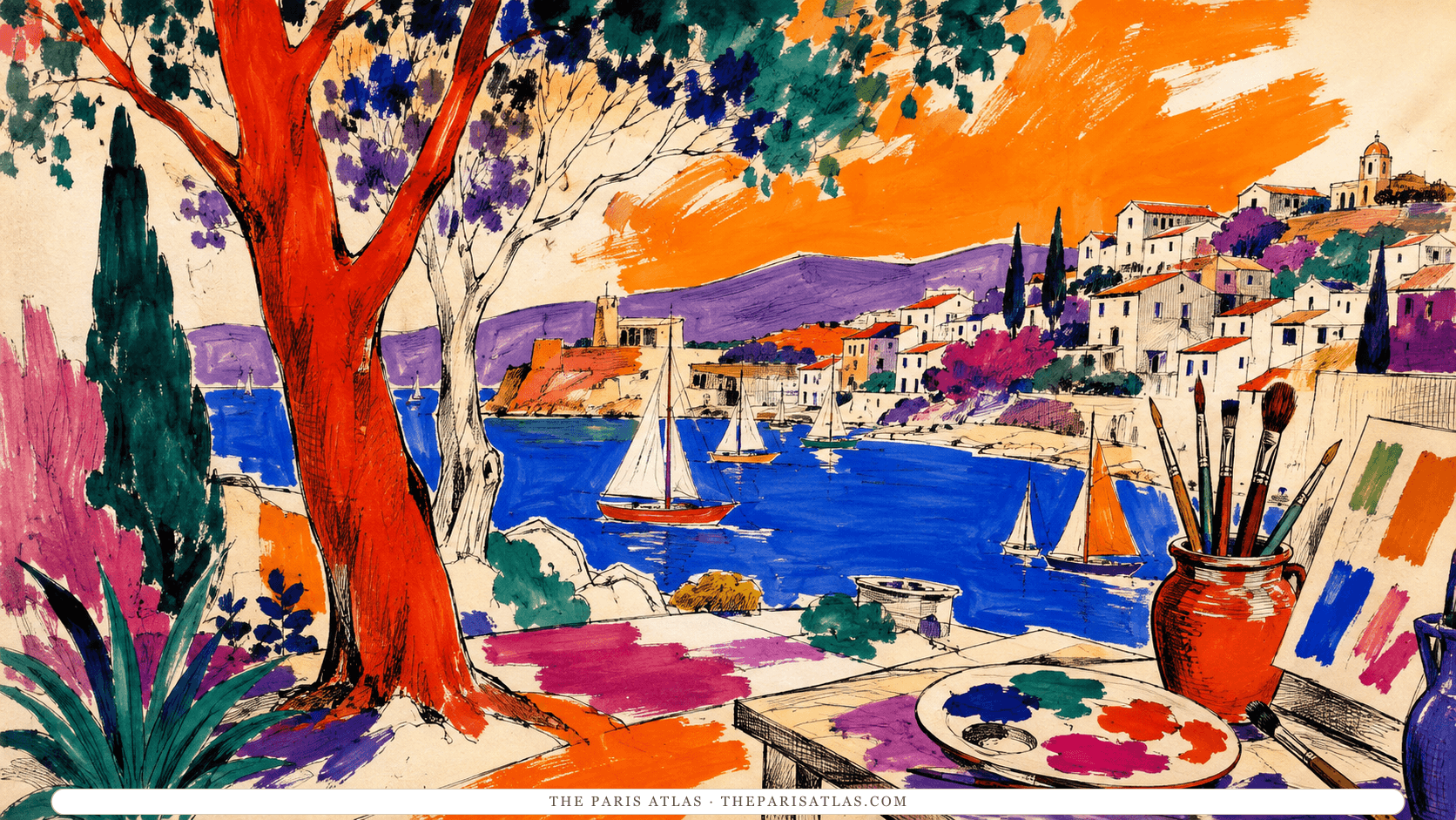 Ink-and-gouache Mediterranean harbor with a vermilion tree, cobalt water, orange sky, white hillside houses, sailboats, brushes, and a paint palette