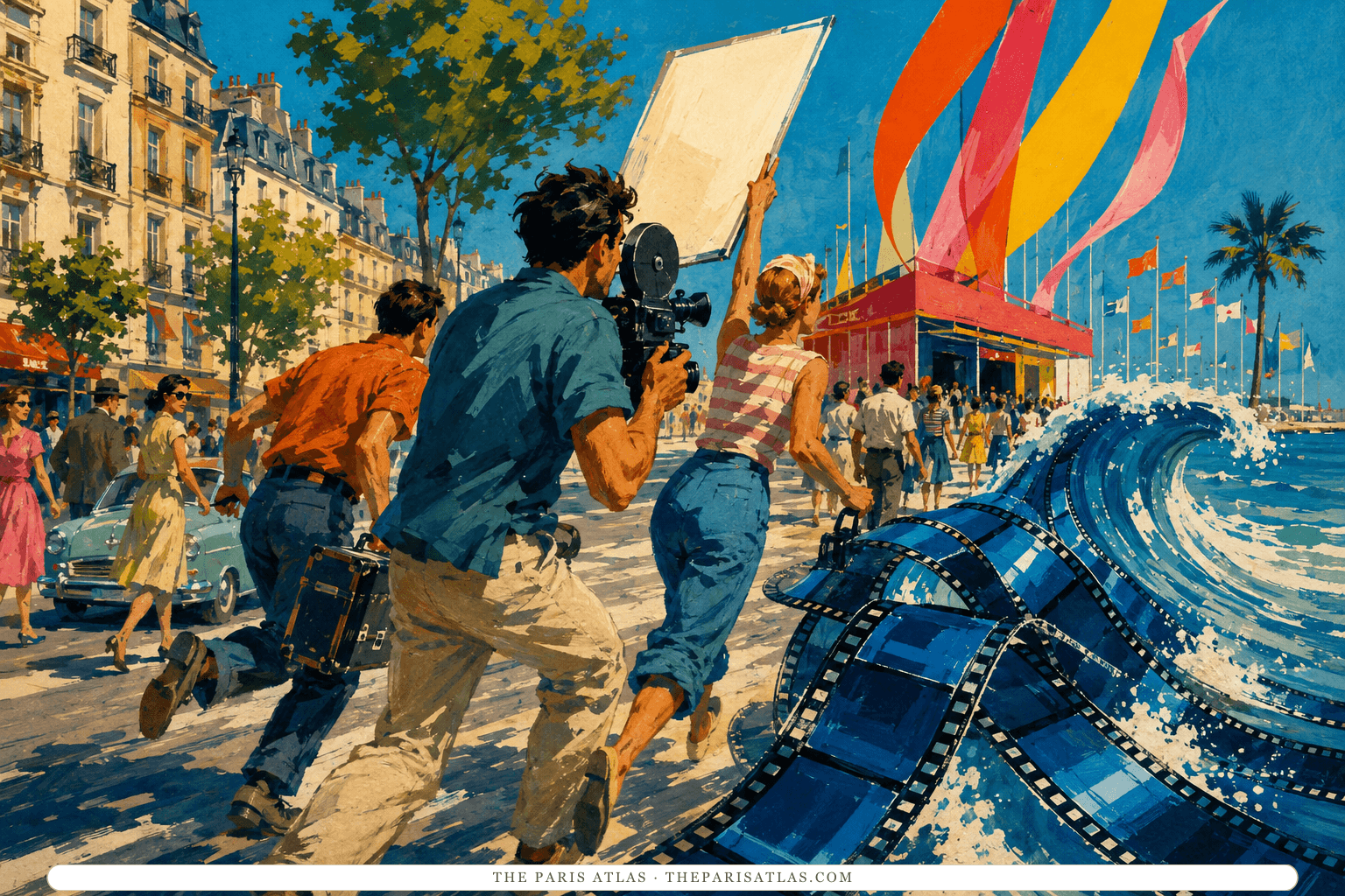 A tiny handheld film crew rushes through a bright Paris street as strips of film become a breaking blue wave