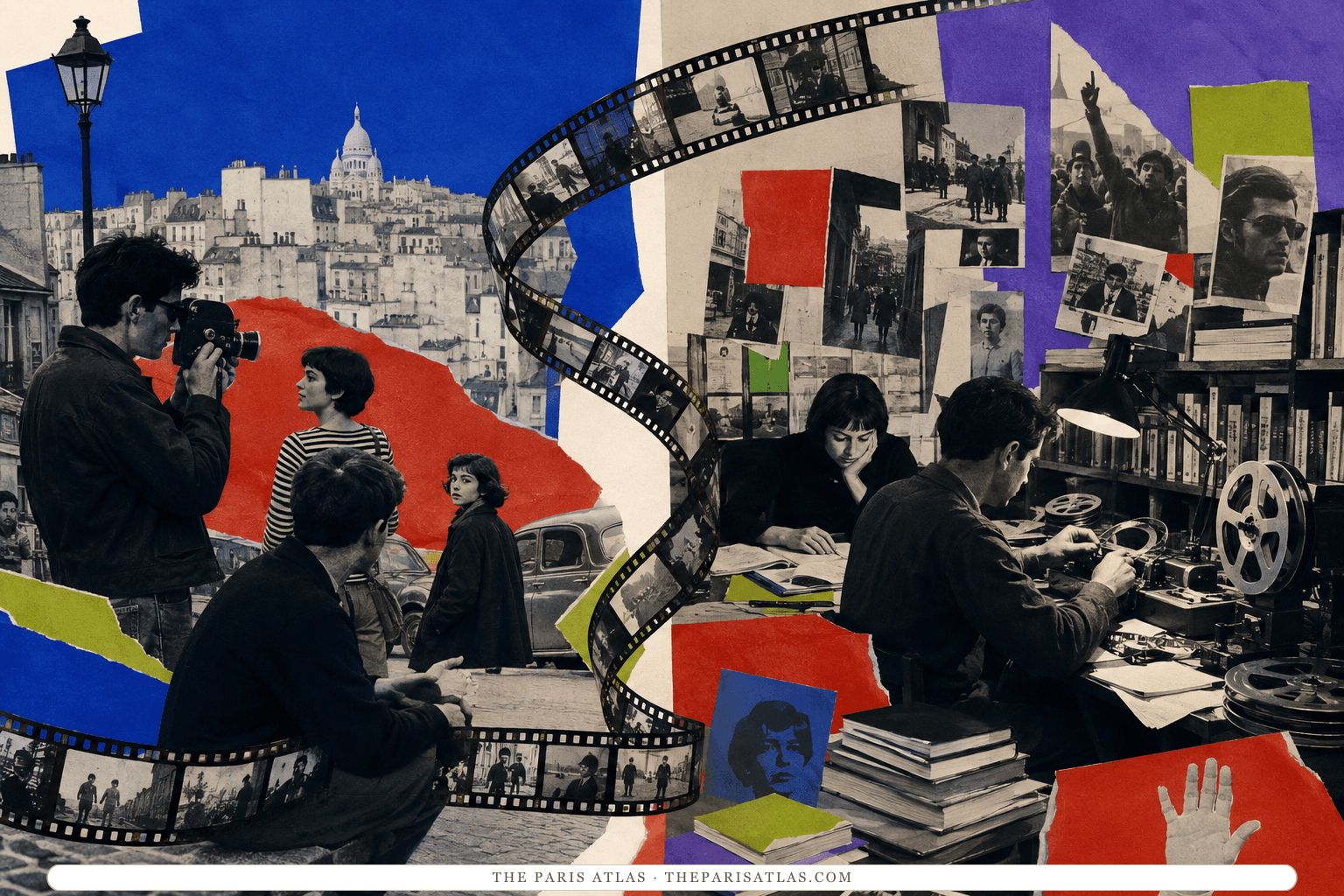 A layered split-screen collage contrasts a Paris street film crew with a Left Bank editing room of books, photographs, and film