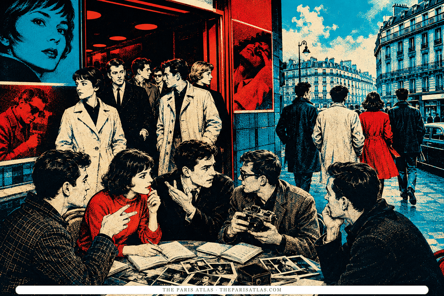 Young film critics debate over notebooks, film stills, and a borrowed camera outside a vivid Paris cinema and café