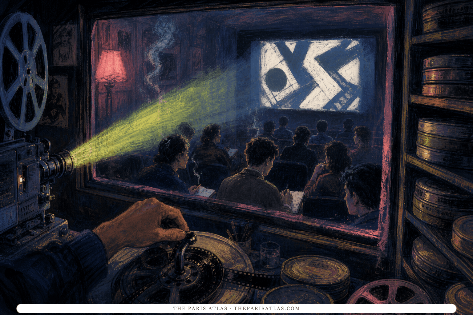 A projection beam crosses a dark film-club audience while a hand rewinds reels in the booth