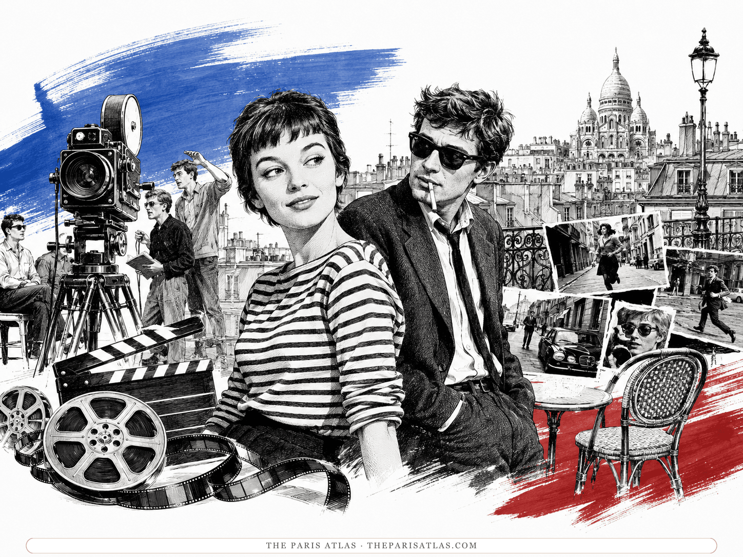 Pen-and-ink illustration of a New Wave shoot: a young woman in a Breton striped top and a young man in dark glasses seated in the foreground while a film crew works a camera behind them, Montmartre rooftops and the Sacré-Cœur beyond, over brushed strokes of blue, white, and red
